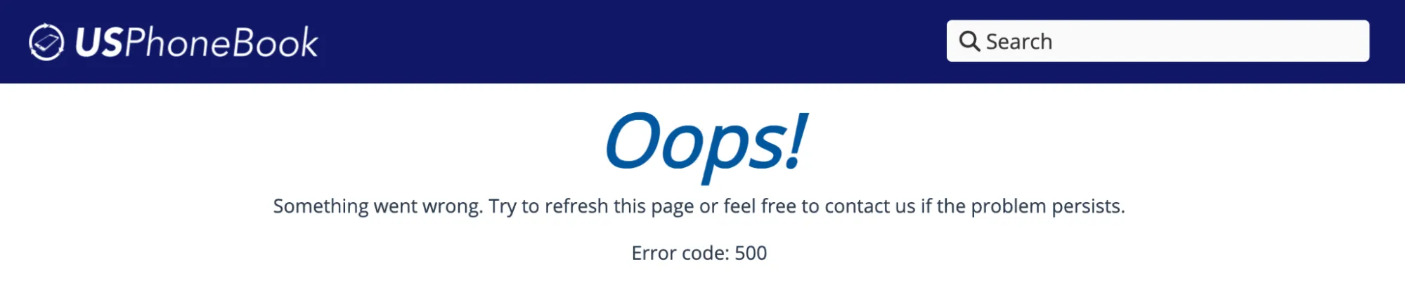 USPhoneBook.com error page USPhoneBook error page showing an error code 500 after attempting to remove information.